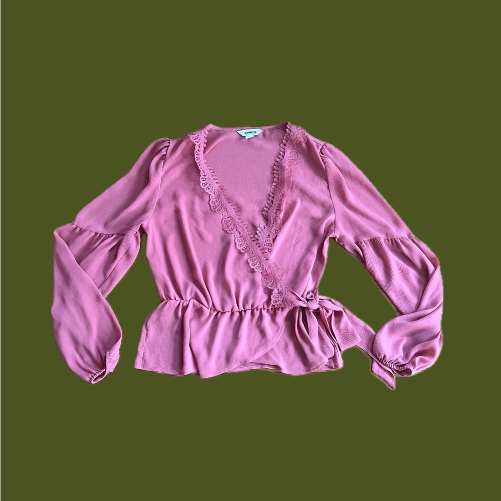 Express Pink Lace Wrap Top with Ruffle Details